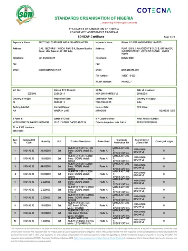 Example of SONCAP Certificate